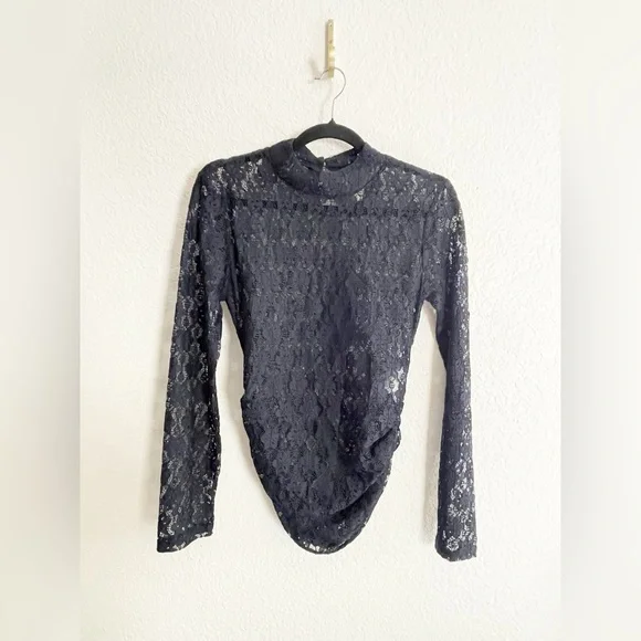 Farm Rio Black Lace Long Sleeve Top romantic bohemian edgyM. NWT